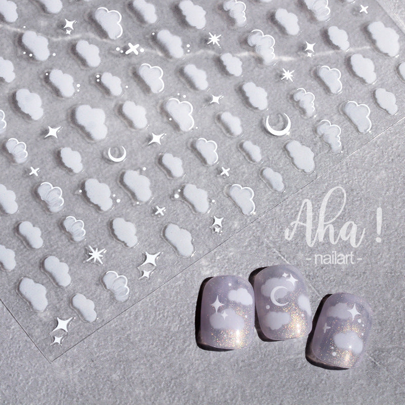 Autocollants pour ongles avec support adhésif, motif étoile, lune, nuage blanc et fleur