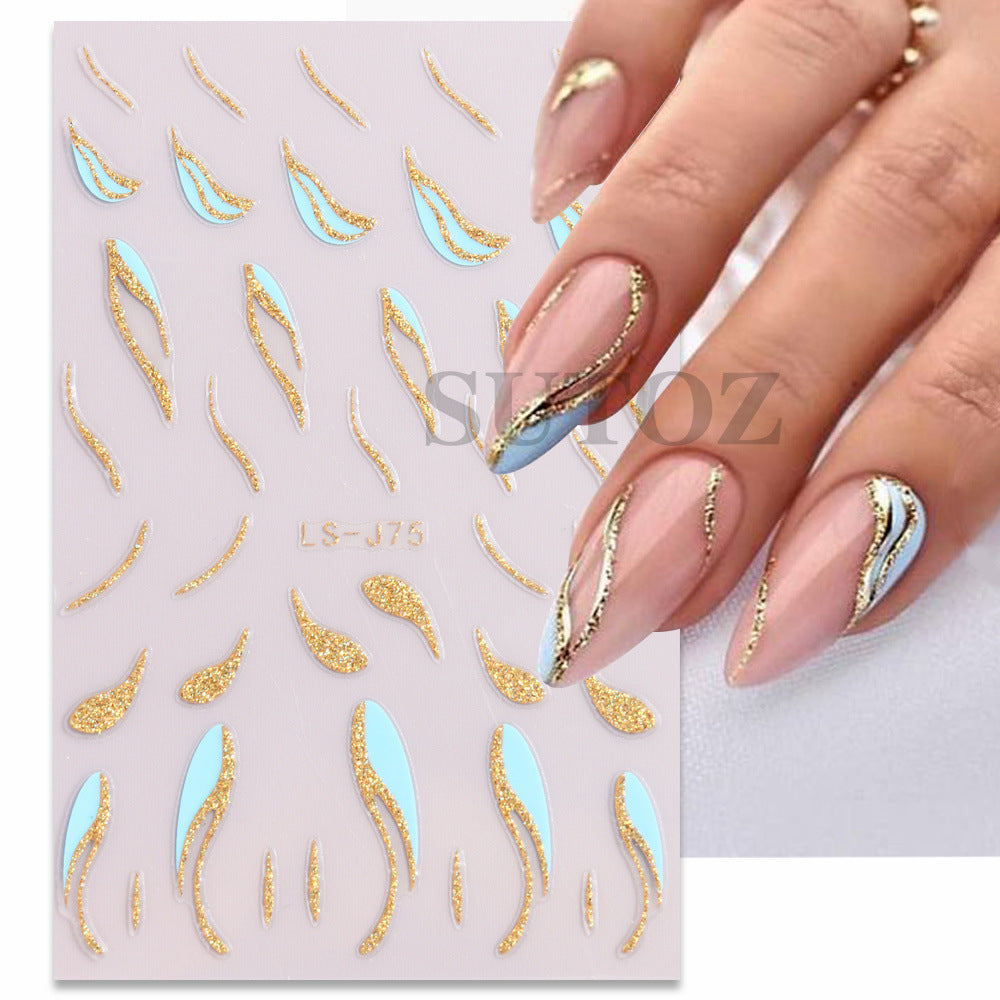 French Glitter Line Feather Back Glue Nail Stickers