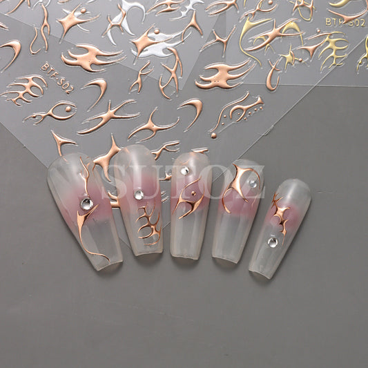 Gold Sier Rose Fishbone Line Back Nail Stickers