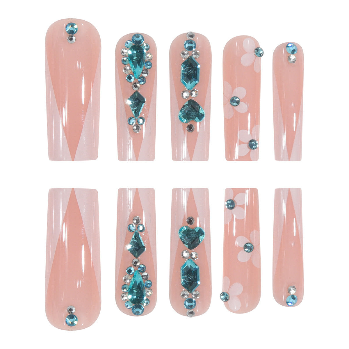 Wear Piece French Long Shiny Diamond Flowers Nail Art